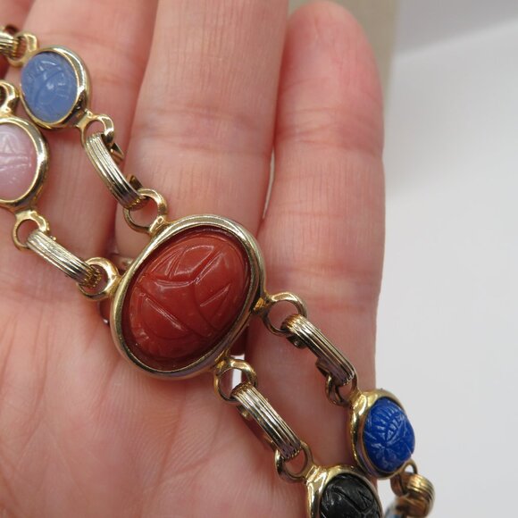 Egyptian Revival Double Strand Scarab Gold Tone Bracelet - Picture 4 of 13